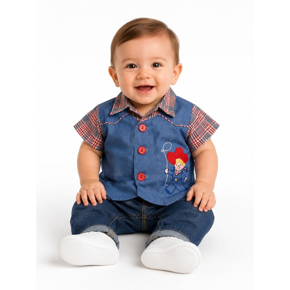 Western Cowboy Shirt Kids 0-3M Blue Red Excellent Embroidered‎ Faux Vest